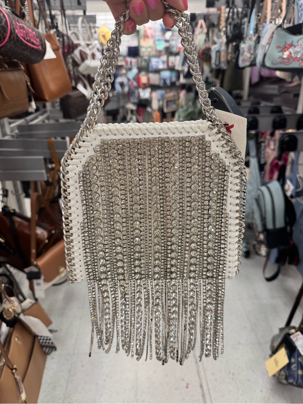 House of Harlow White Rhinestone Fringe Chain Handbag